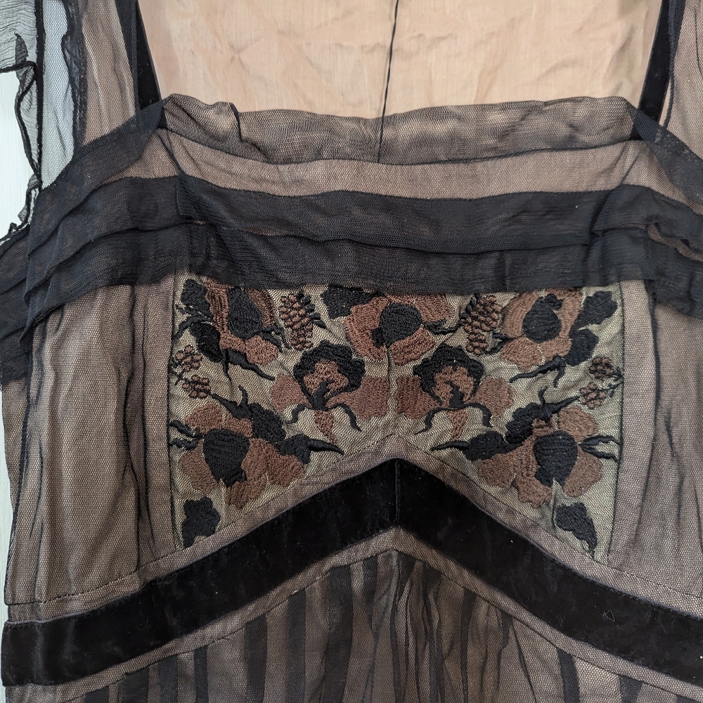 Black and Brown Midi Dress with Square Neck and Flutter Sleeves By Nataya - Picture 2 of 4